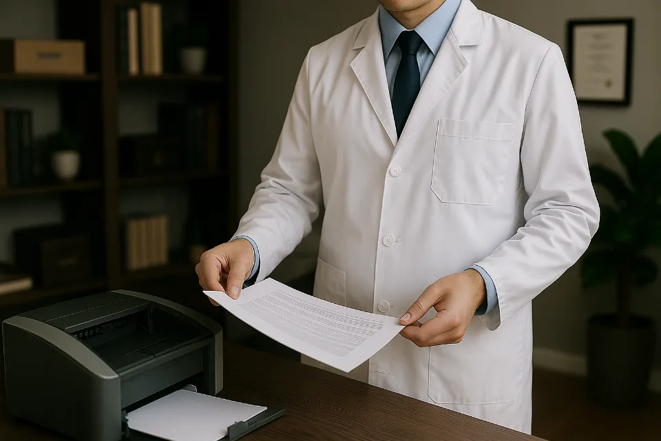 Un farmacista al lavoro vicino alla stampante