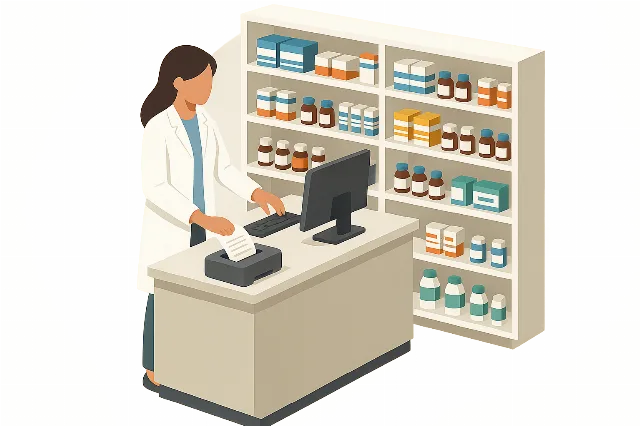 Illustrazione di una postazione di farmacia con computer e stampante