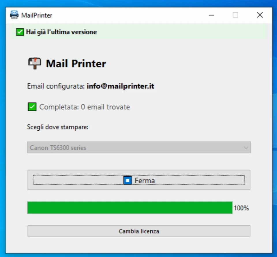 Schermata reale di MailPrinter: email configurata, stato della scansione, scelta della stampante e pulsante Ferma