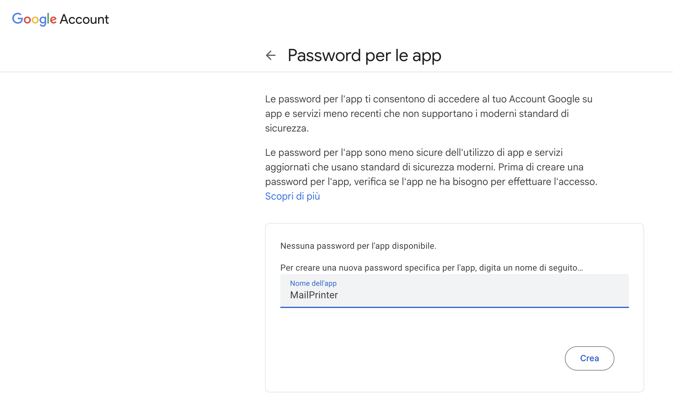 Gmail – Creazione App Password